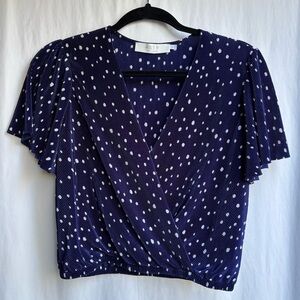 ASTR Pleated Polka Dot Wrap Blouse – Elegant V Neck Crop Top Size S